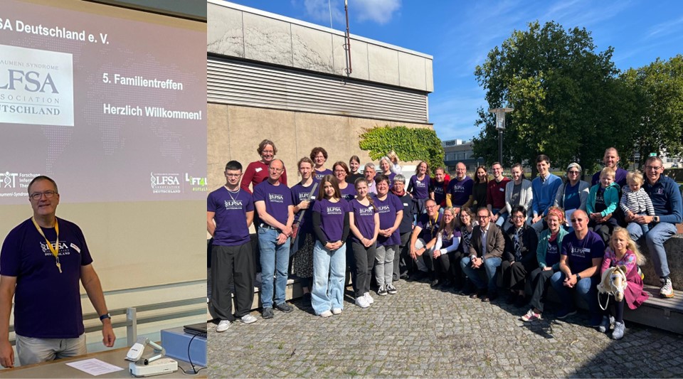 Aufnahme des ersten Vereinsvorsitzenden Reinhard Sablowski und Gruppenbild aller Teilnehmenden vor der MHH.